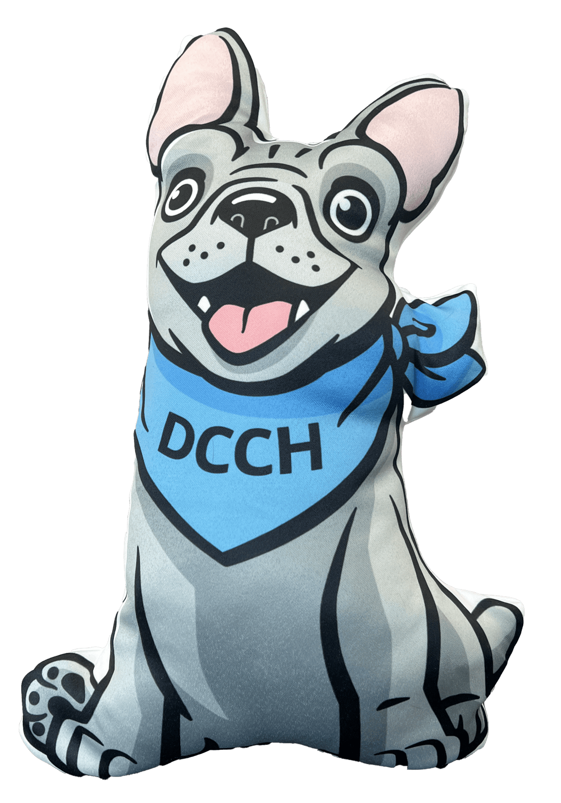 Soft plush Buddy the Bulldog pillow with tan and white fur, blue shirt, and friendly embroidered face.