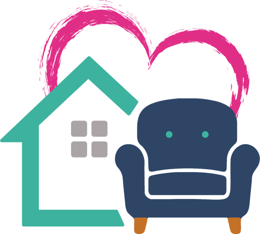 Teal house outline and navy armchair under a pink heart.