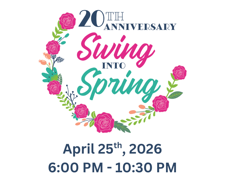 20th anniversary Swing Into Spring April 25th 2026 6:00 PM to 10:30 PM floral wreath logo