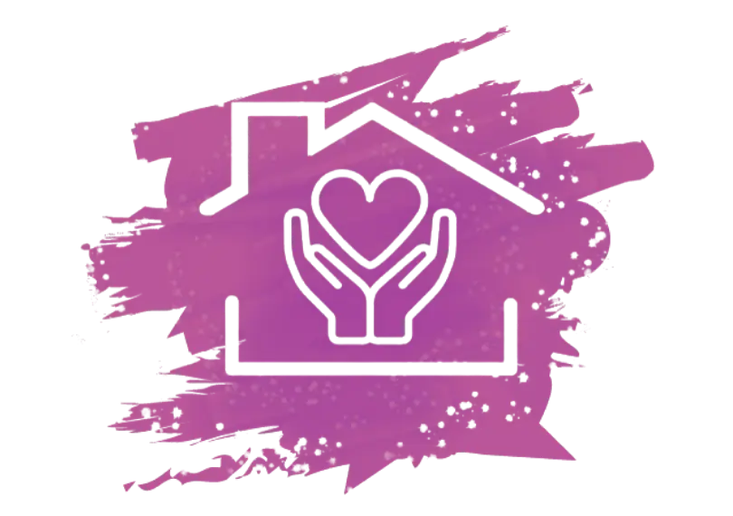 Purple house outline with hands holding a heart icon