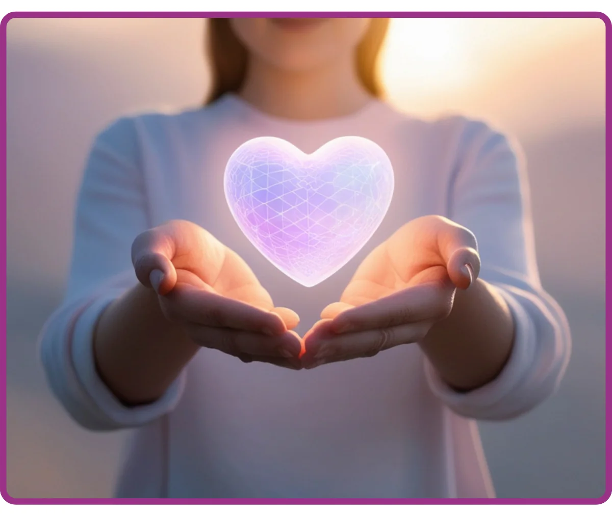 Person holding a glowing heart-shaped hologram in open hands against a soft pastel background