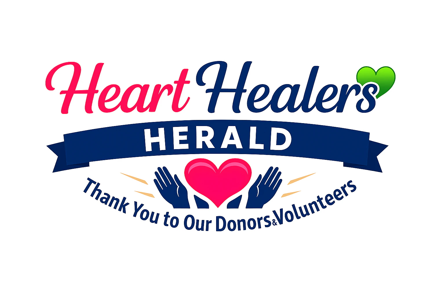 Heart Healers Herald logo with blue ribbon, hands holding a heart, and thank-you text for donors and volunteers